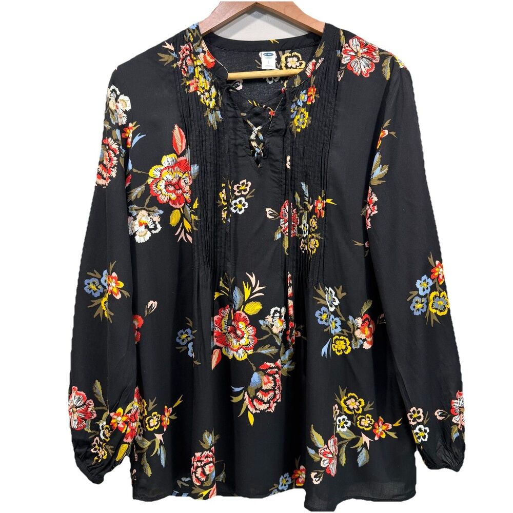 Old Navy Women’s Size L Floral Long Sleeves Tunic Boho Top Pleated Tie Black